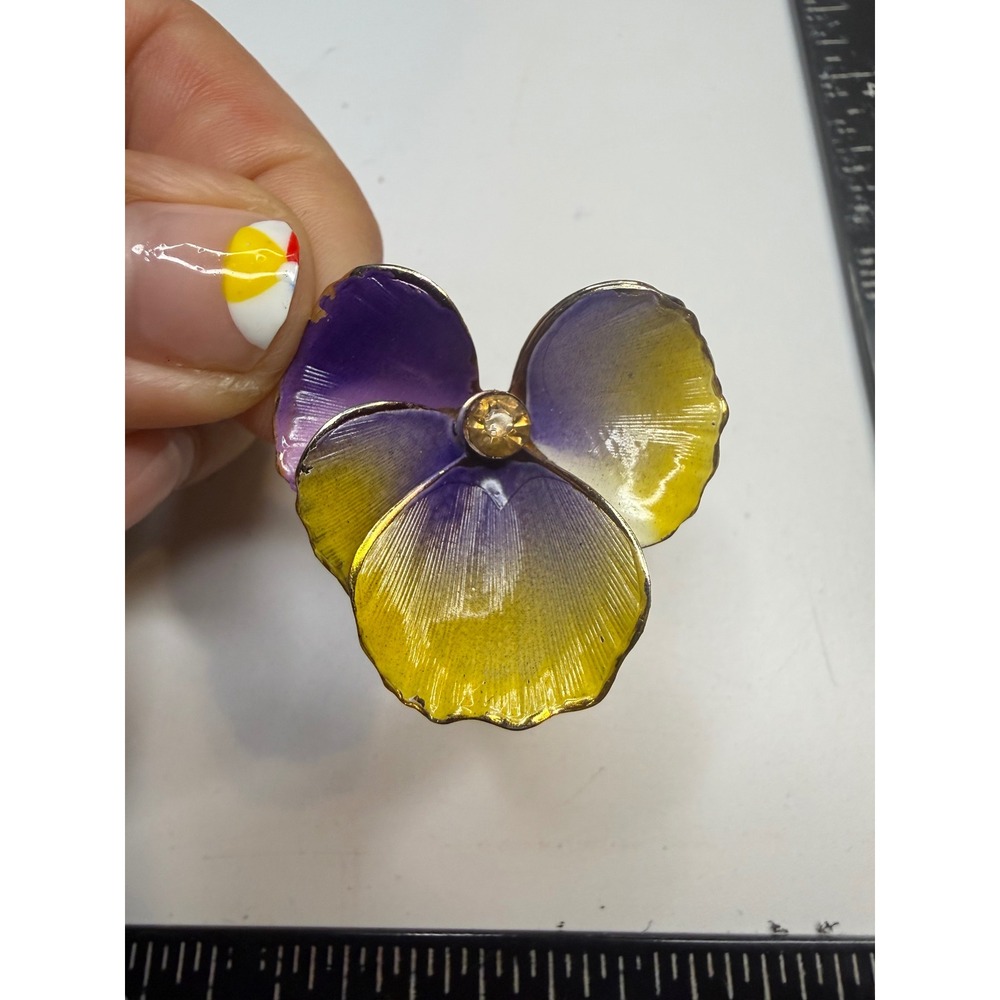 Vintage Enamel Pansy Brooch Purple Yellow Gold Tone Rhinestone Flower Pin
